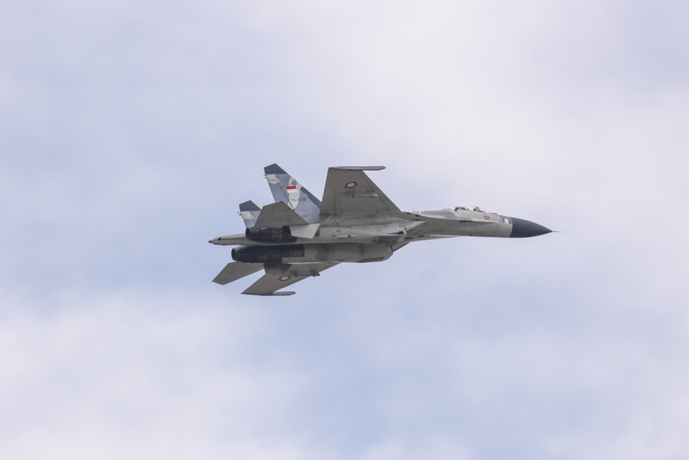 a fighter jet flying through a cloudy blue sky