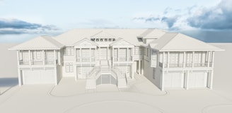 A two-story architectural design of a large house with detailed features, including multiple windows and garage doors. The building has a symmetrical, expansive layout with a central staircase leading to the main entrance. The design includes a pitched roof and appears to be in a draft or 3D rendered format, surrounded by a smooth, minimal background and partly cloudy sky.
