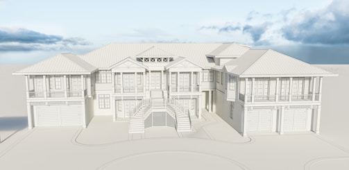 A two-story architectural design of a large house with detailed features, including multiple windows and garage doors. The building has a symmetrical, expansive layout with a central staircase leading to the main entrance. The design includes a pitched roof and appears to be in a draft or 3D rendered format, surrounded by a smooth, minimal background and partly cloudy sky.