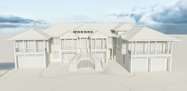 A two-story architectural design of a large house with detailed features, including multiple windows and garage doors. The building has a symmetrical, expansive layout with a central staircase leading to the main entrance. The design includes a pitched roof and appears to be in a draft or 3D rendered format, surrounded by a smooth, minimal background and partly cloudy sky.
