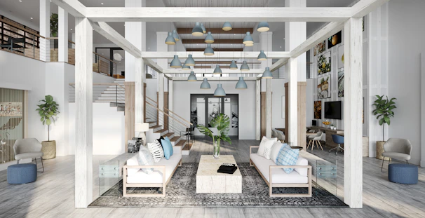 Spacious living area with modern furniture and soft cushions.