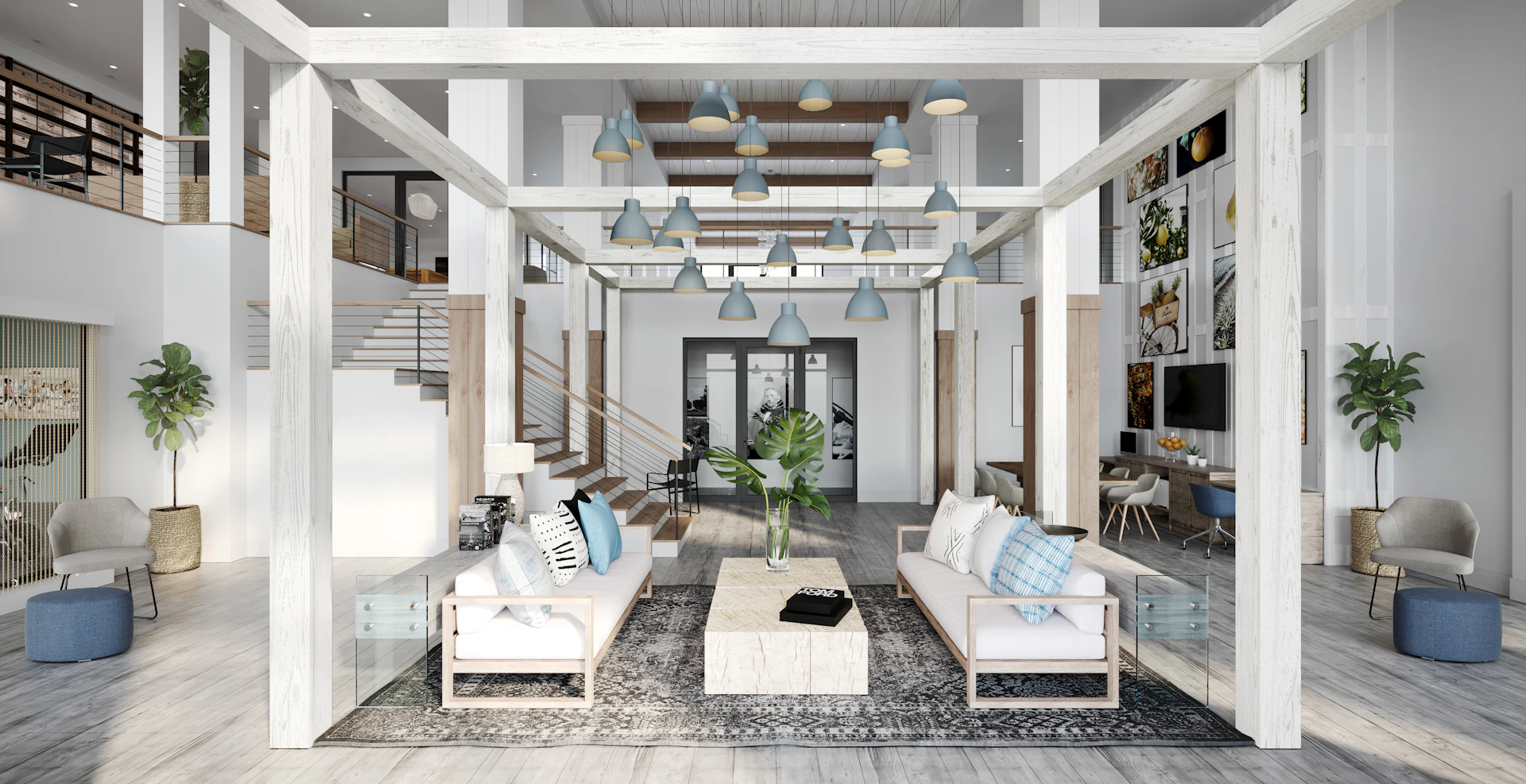 a living room filled with furniture and lots of windows