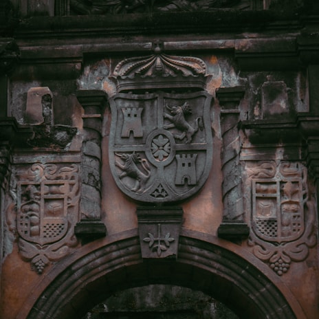 An ornate coat of arms is carved into a stone surface, featuring emblems like towers and animals in a shield-like pattern. The stone appears aged and weathered, with rich textures and intricate detailing around the emblem. The surrounding stonework includes arches and additional decorative elements.