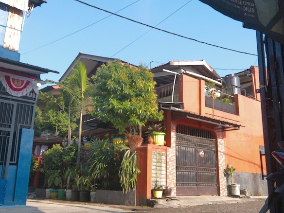 A residential area with a prominent two-story house painted in orange. The house has a metal gate, several potted plants, and a satellite dish on the roof. There are various green plants and small trees around the property. The sky is clear and blue, and electrical wires run across the scene.