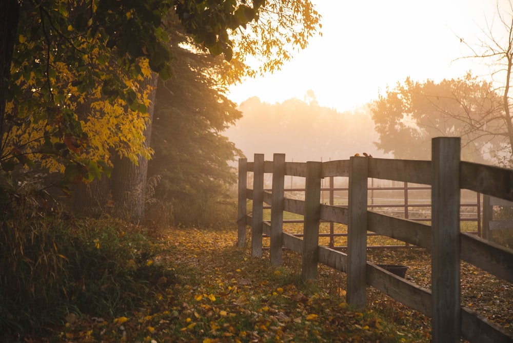 a wooden fence in the middle of a field