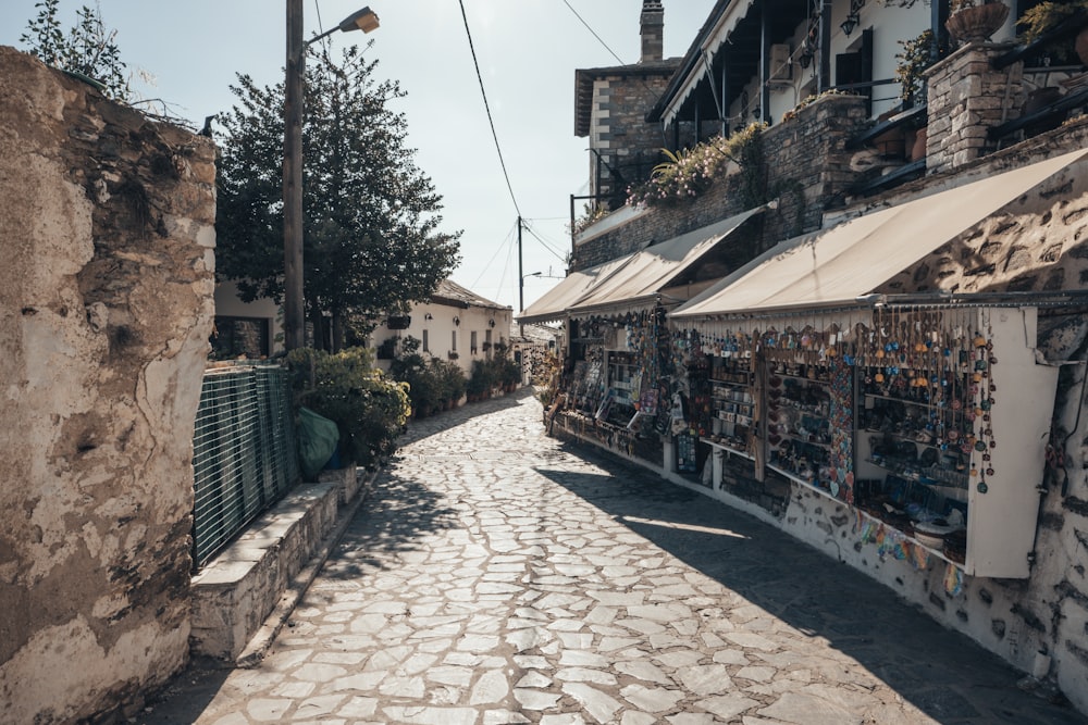 a cobblestone street in a small village