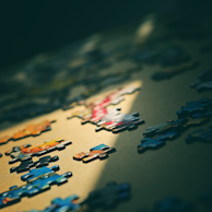 A close-up of scattered jigsaw puzzle pieces on a surface, partially illuminated by a ray of light. The focus is on the pieces in the light, which are of various colors including blue, red, and orange, while the background is blurred and dark.