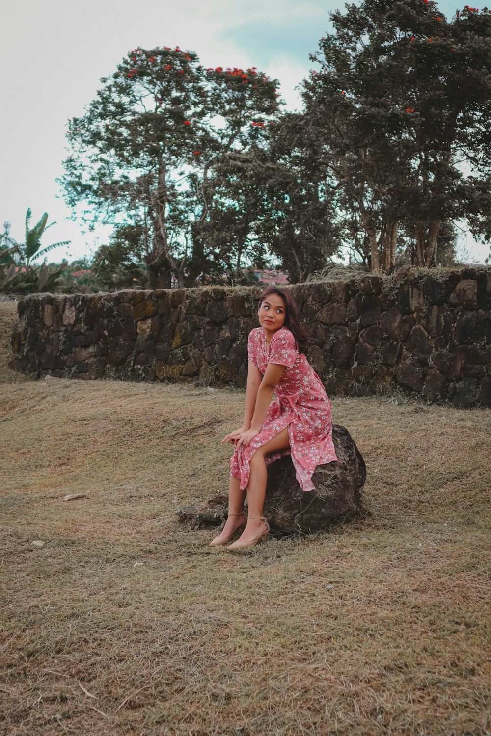 a woman in a pink dress sitting on a rock