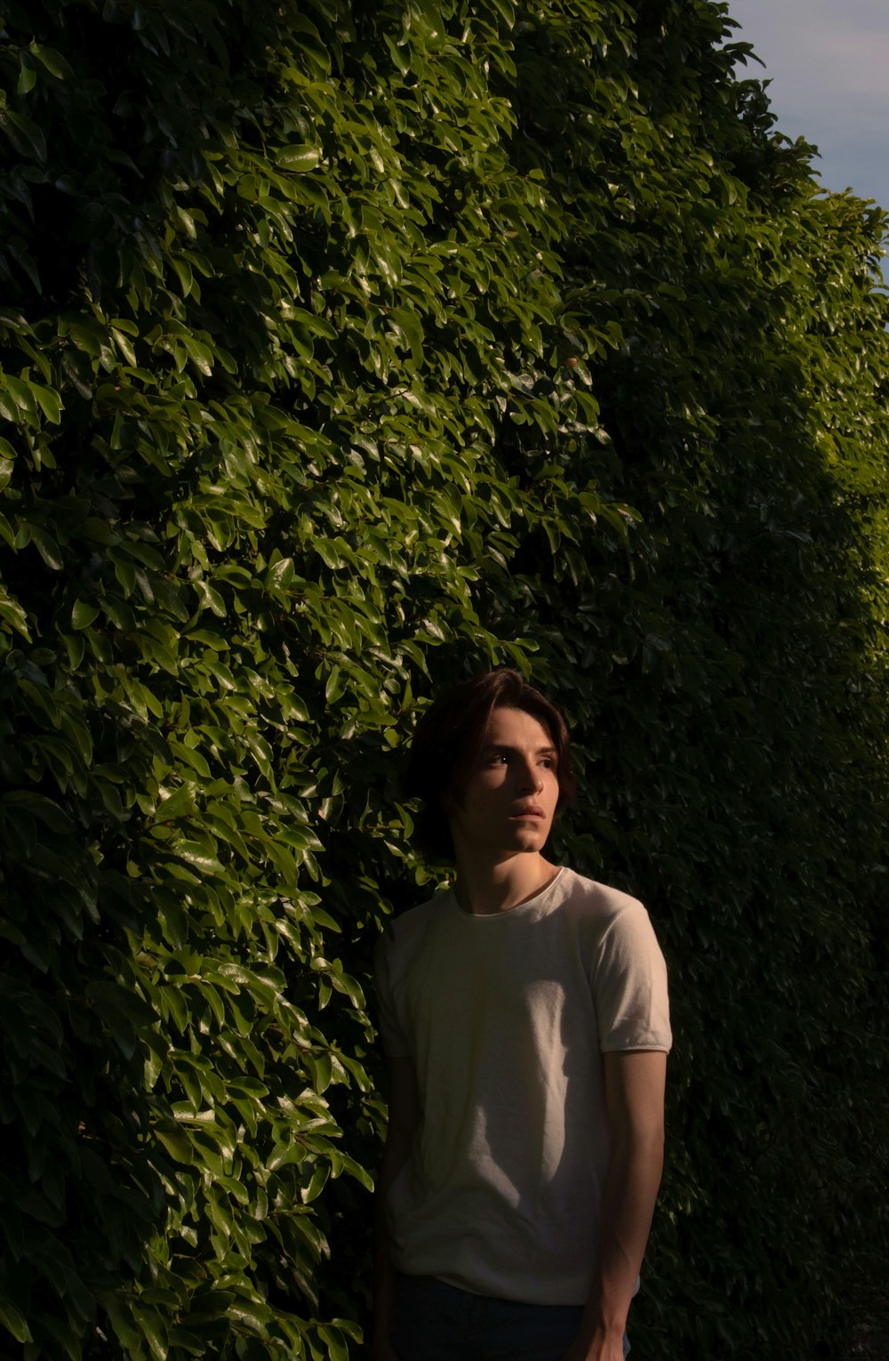 a young man standing in front of a hedge