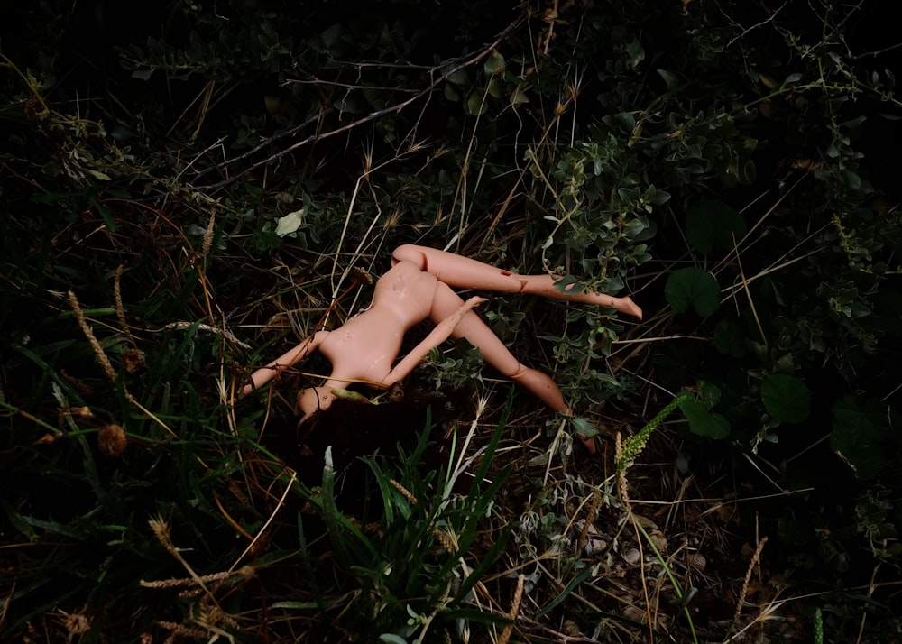 a naked doll laying in the middle of a forest