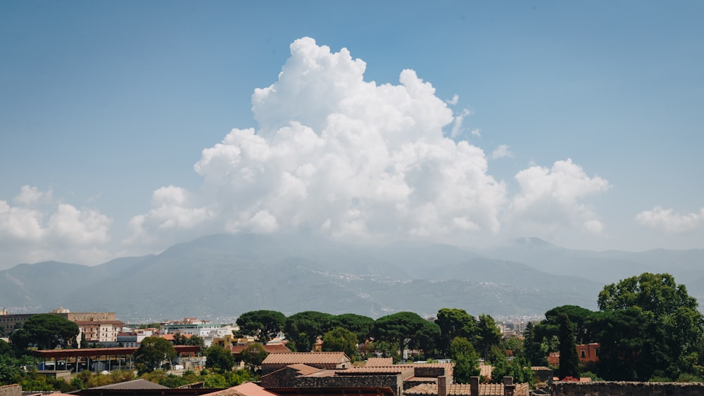 a view of a city with mountains in the background