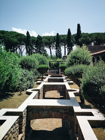 A serene garden scene with neatly trimmed hedges and a series of stone pathways and arches. Tall cypress trees stand in the background against a bright blue sky, adding depth and structure to the tranquil outdoor space.