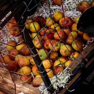 A collection of apples with red and yellow hues is placed within a wooden crate, surrounded by shredded paper. The crate is secured with a metal grid, and the apples vary in size and color intensity.