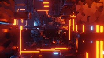 A futuristic, abstract scene featuring a maze of metallic structures illuminated by vibrant neon lights. The composition of blocks and panels creates a dynamic and immersive environment with a sense of depth and perspective.