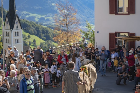 A large group of people gathered outdoors in a village, observing a traditional event. Many are dressed in casual attire while a few children wear traditional clothing. In the background, there is a church with a tall steeple, set against a mountainous landscape. Some individuals are capturing the moment with smartphones, while others are engaged in conversations.