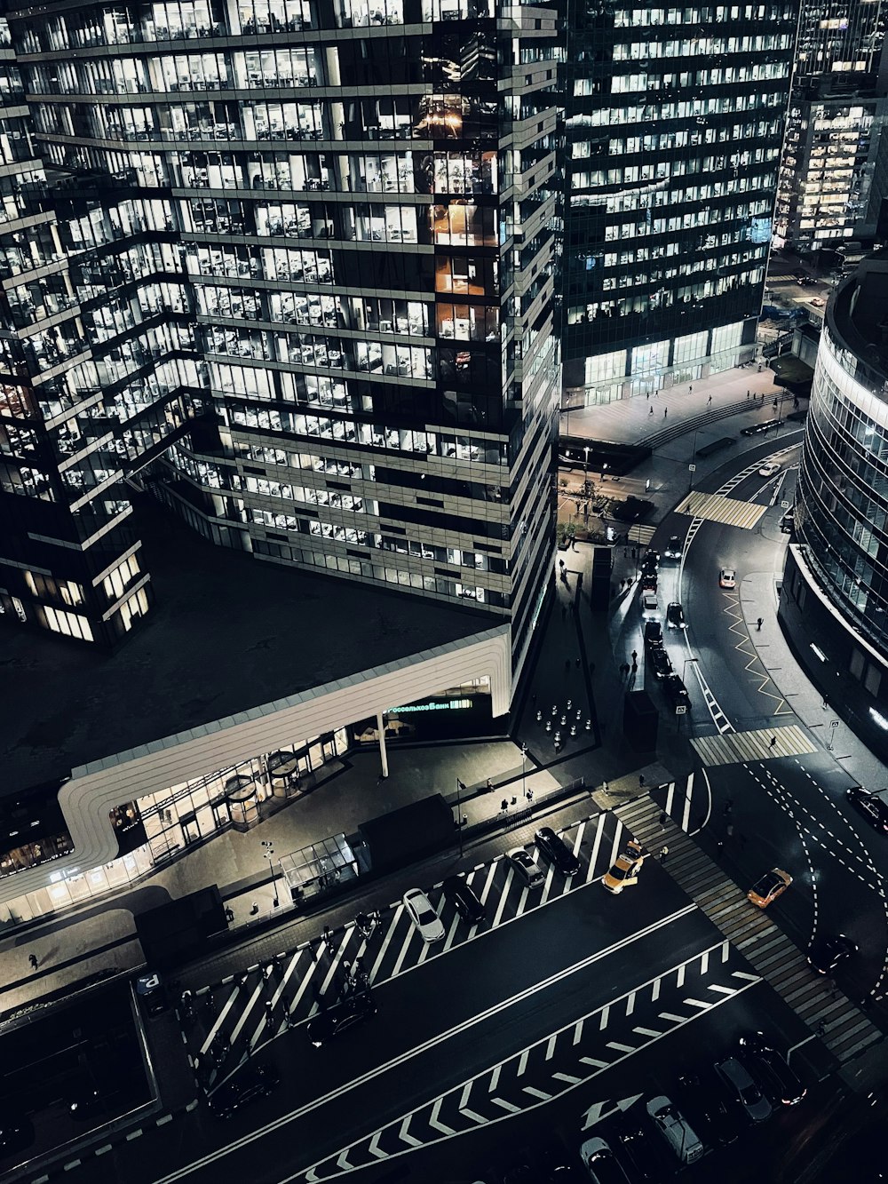 an aerial view of a city at night