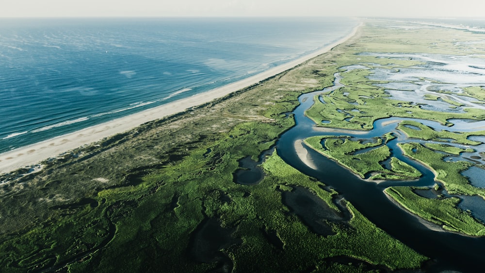 an aerial view of a large body of water