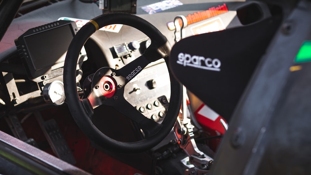 a close up of a steering wheel on a vehicle