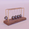 A Newton's cradle with chrome spheres on a rustic wooden base