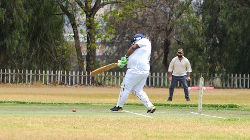 A person is playing cricket on a field, wearing white sports attire and a helmet, while swinging a cricket bat towards a ball. Another person stands behind, likely the wicketkeeper, focusing on the ball. The background consists of trees and a wooden fence encircles the field.