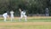 A cricket match scene with a batsman in protective gear preparing to hit a ball. A wicketkeeper crouches behind the stumps, while a bowler and fielders are positioned nearby. The setting is an outdoor field with a grass pitch and trees in the background.