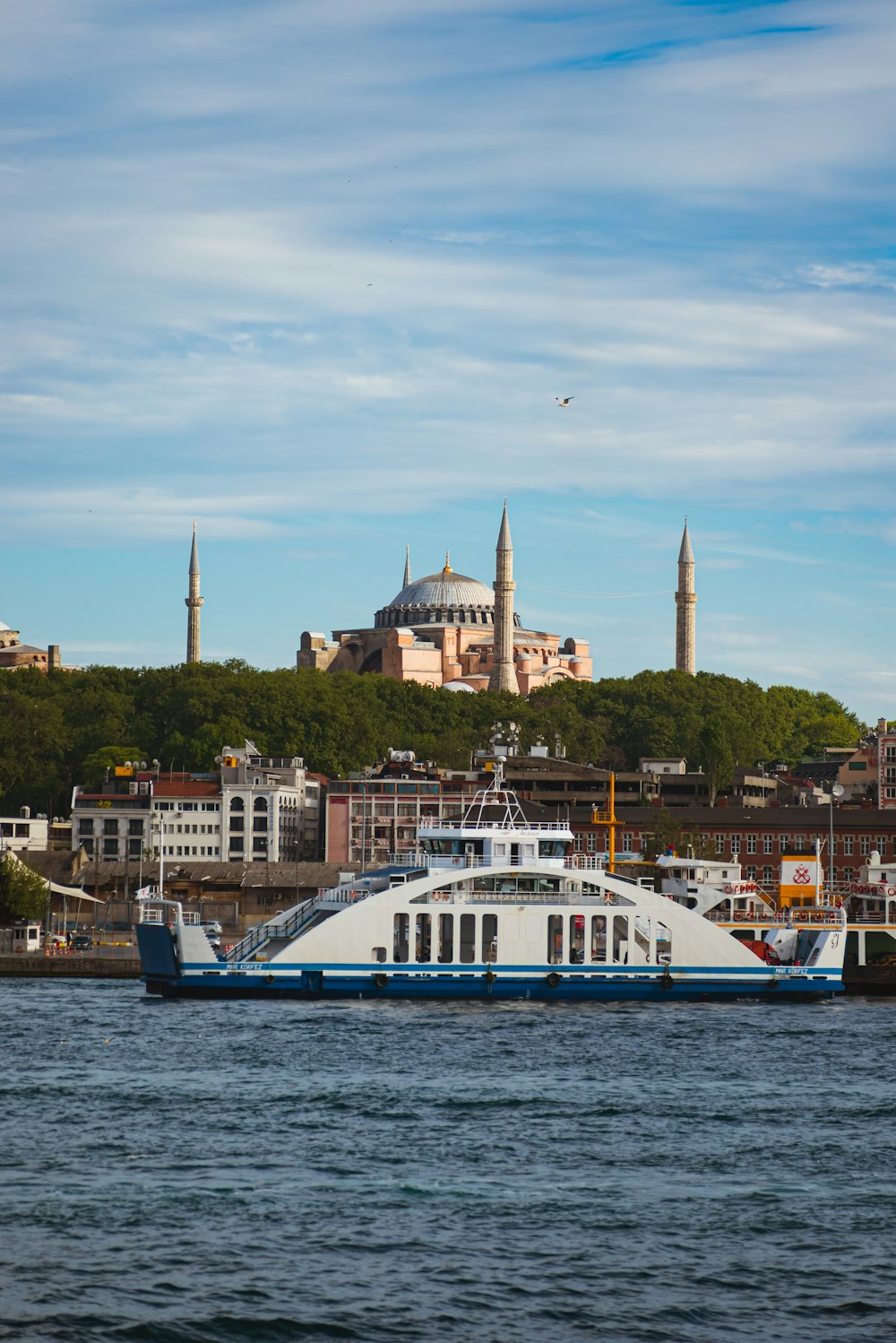 a large white and blue boat in a body of water