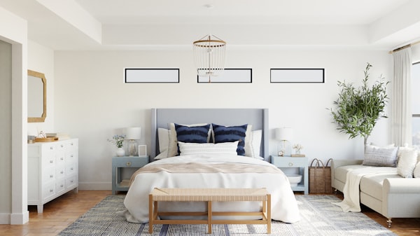 wight bedroom - wicker laundry basket - simple chandelier - white dresser - wooden foot stool