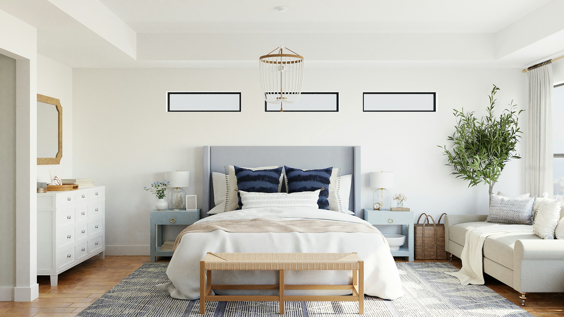 a bedroom with a large bed in a room