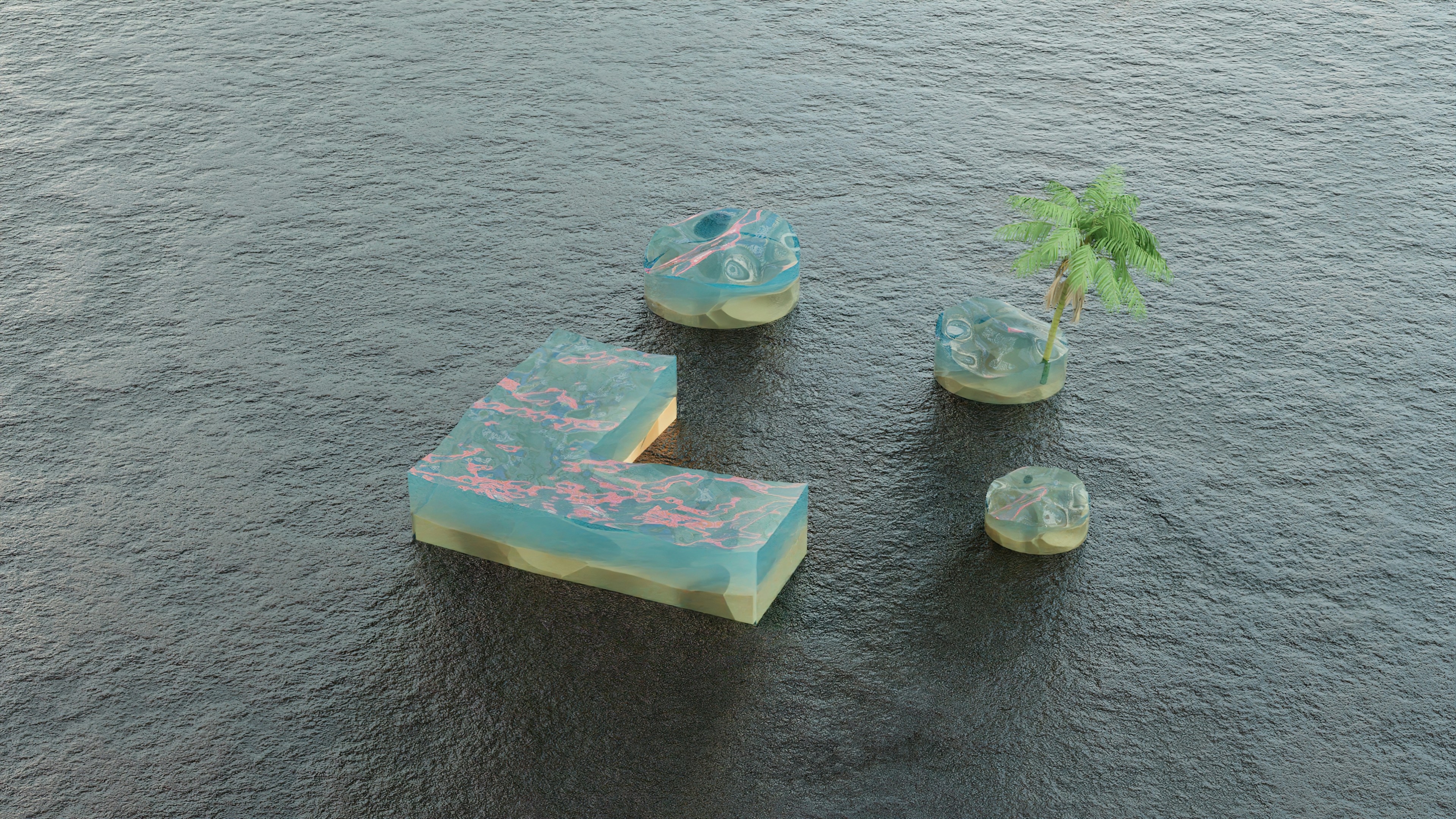 a group of ice cubes floating on top of a body of water