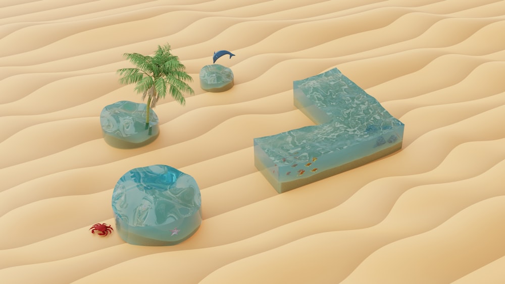 a desert scene with a palm tree and two blue rocks