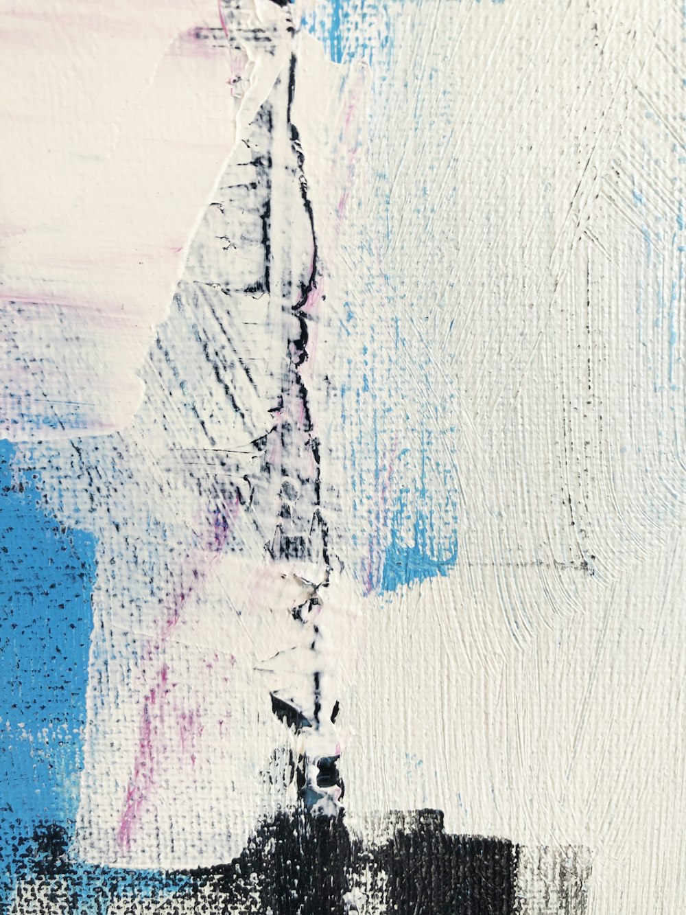an abstract painting with blue, pink, and white colors