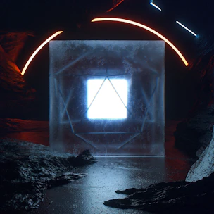 Futuristic holographic cube displaying layered data streams in a dark, sleek environment.