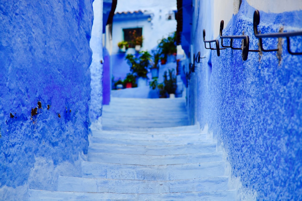 a narrow street with blue walls and steps