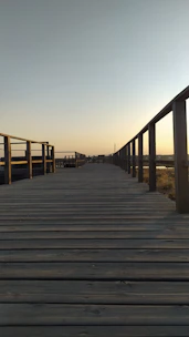 A skilled craftsman carefully assembling a wooden boardwalk under bright sunlight.