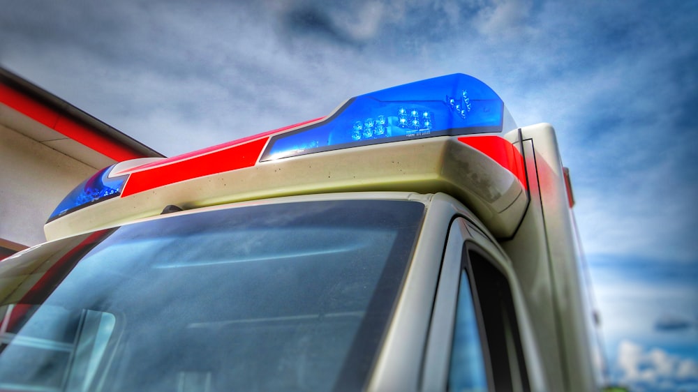 a close up of a police car with its lights on