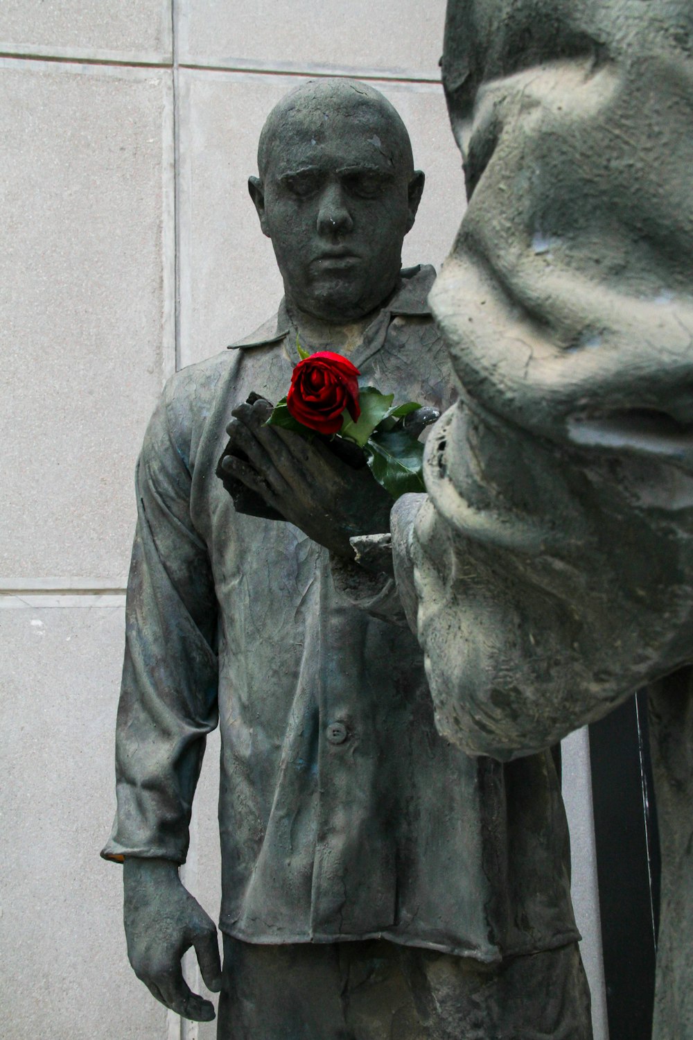 uma estátua de um homem segurando uma rosa vermelha