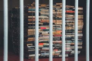 A large stack of books is secured with metal chains, placed behind metal bars. The books appear to be old and are arranged in an uneven pile, suggesting a feeling of confinement and restriction.