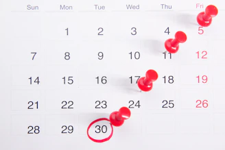 a calendar with red push buttons pinned to it