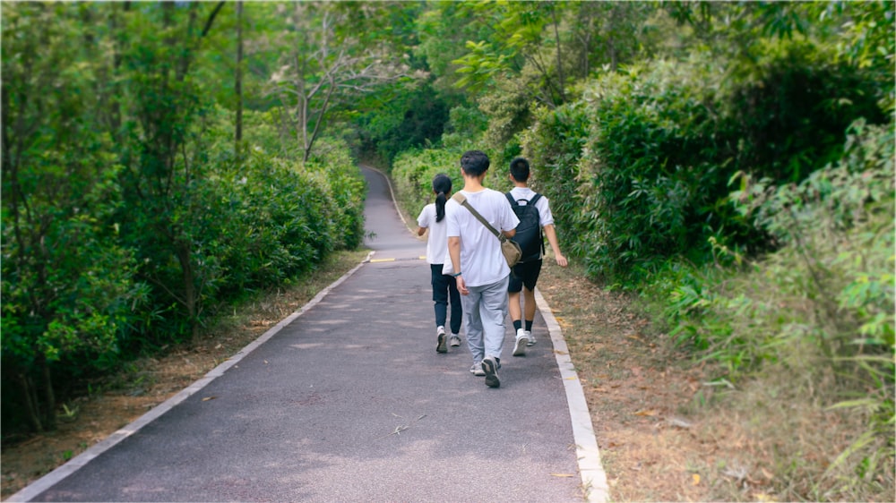 a group of people walking down a path in the woods