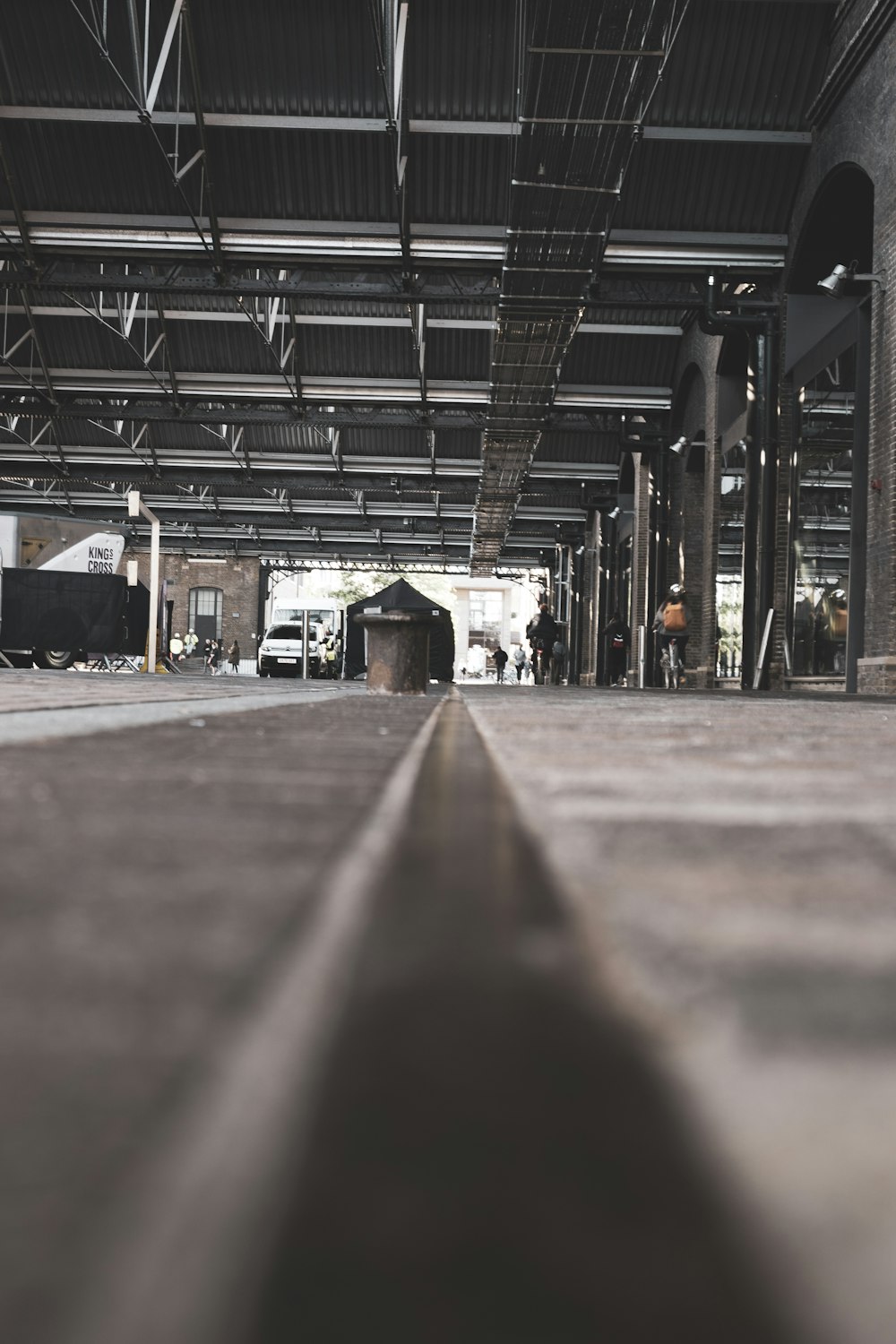 a view of a train station from the ground