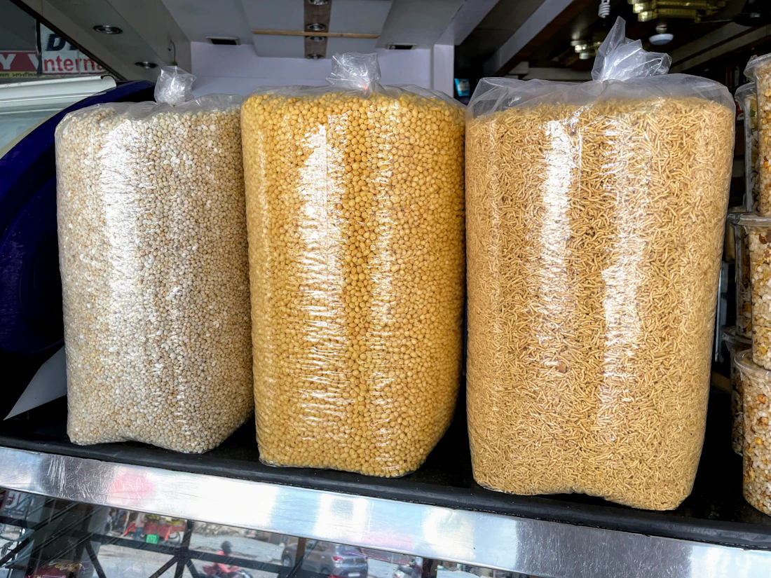 Multiple packaged rice bags displayed for retail-oriented supply