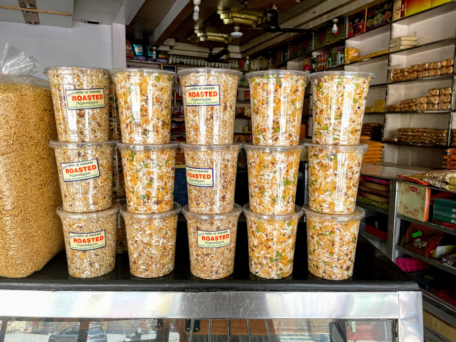 Namkeen and roasted snacks on a shop shelf