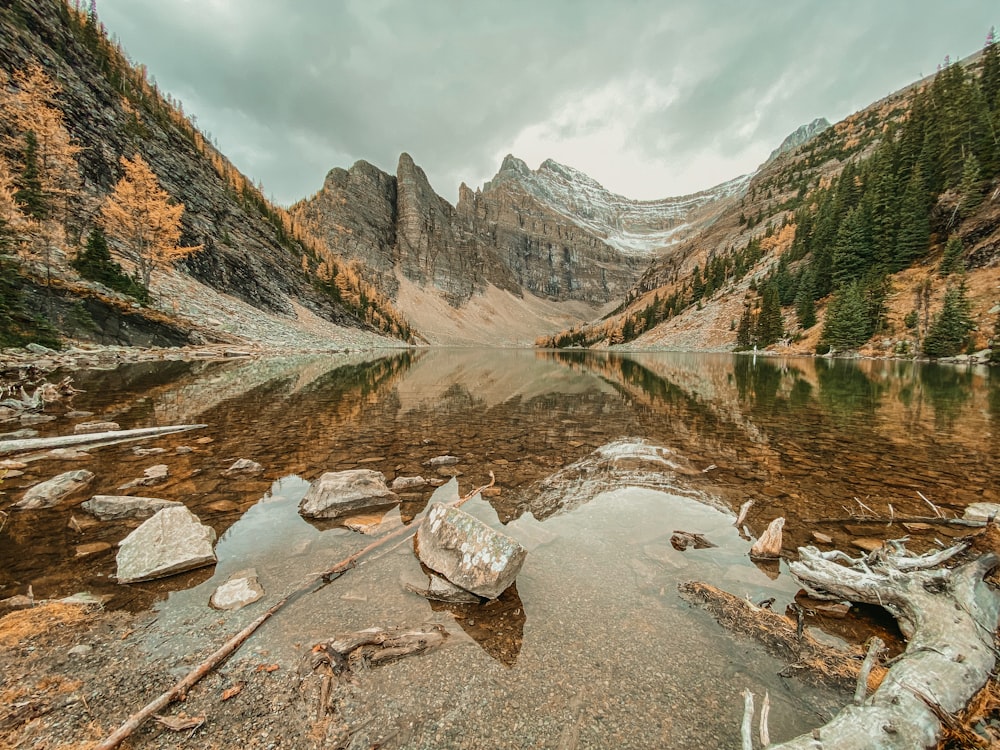 Ein Bergsee, umgeben von Bäumen und Felsen