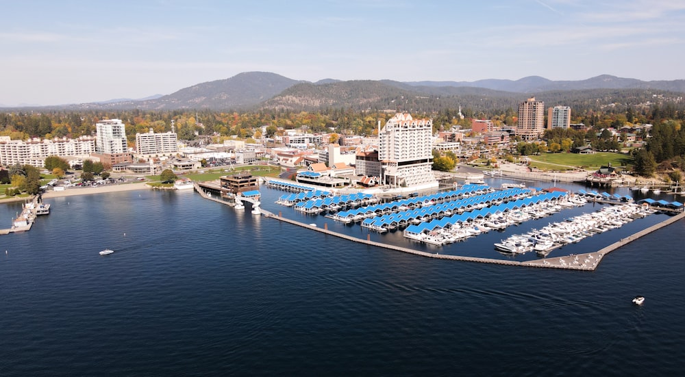 an aerial view of a marina in a city