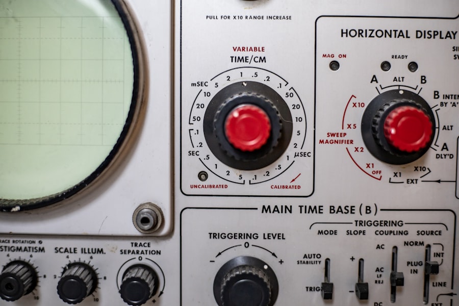Close-up of an oscilloscope used for debugging real-time signals