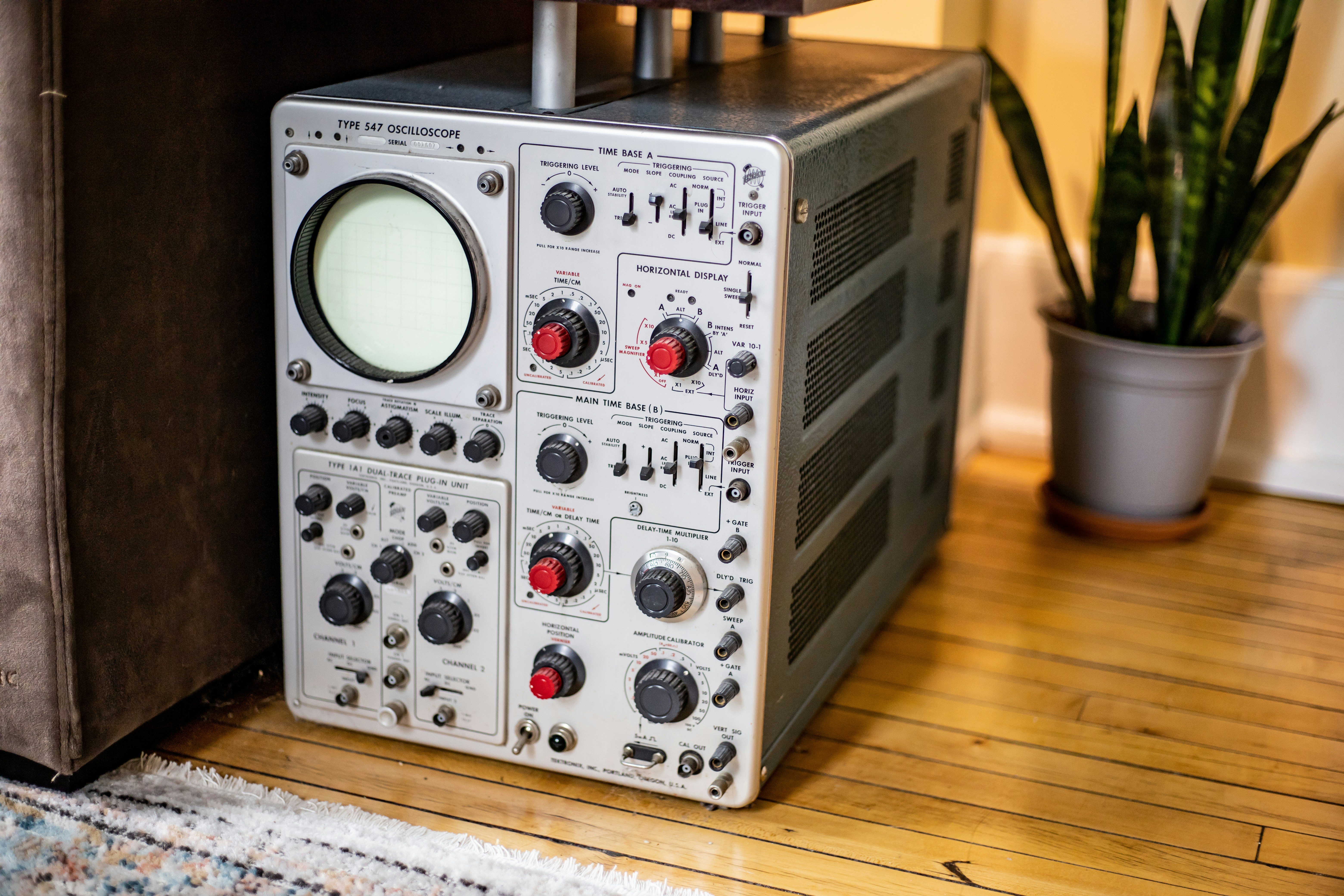 a radio sitting on top of a wooden floor next to a potted plant