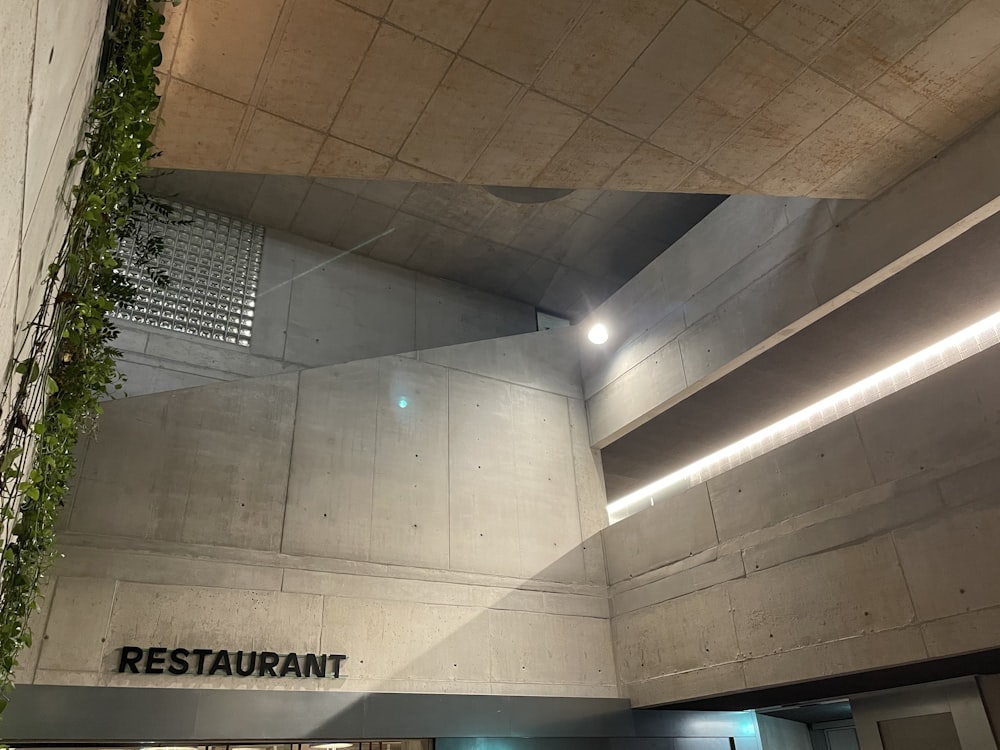uma entrada de restaurante com uma planta crescendo na parede