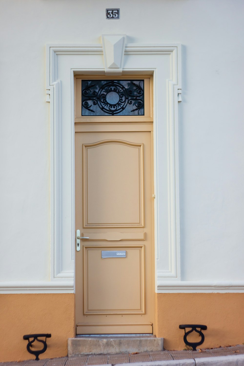 a door with two benches in front of it