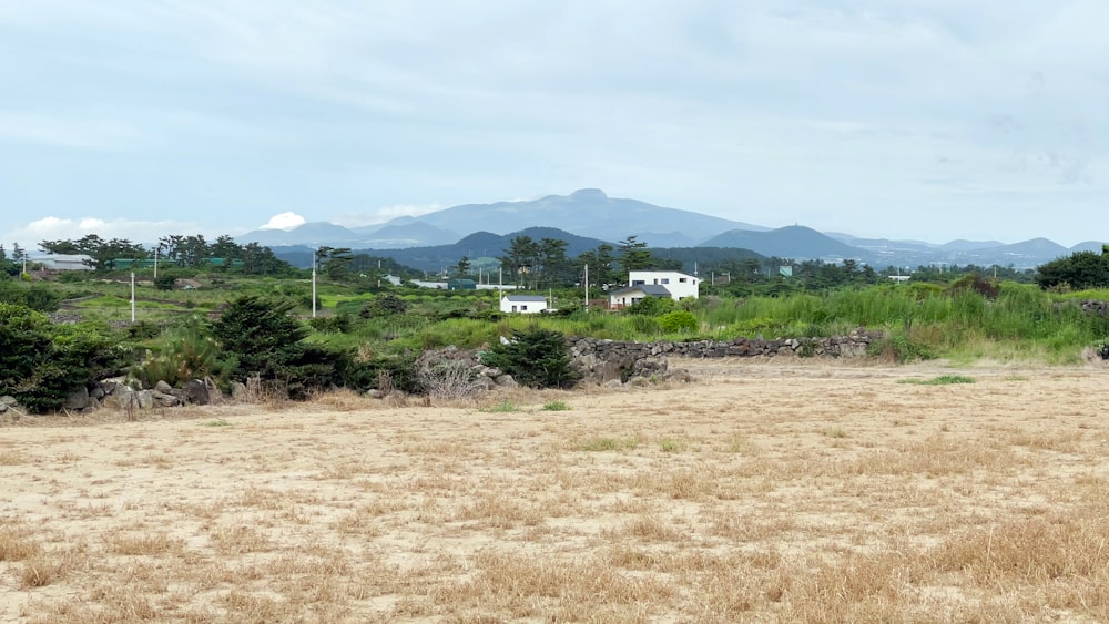 a field with a house and mountains in the background