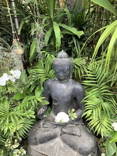 A serene statue with a violet digital aura, representing growth and trust.